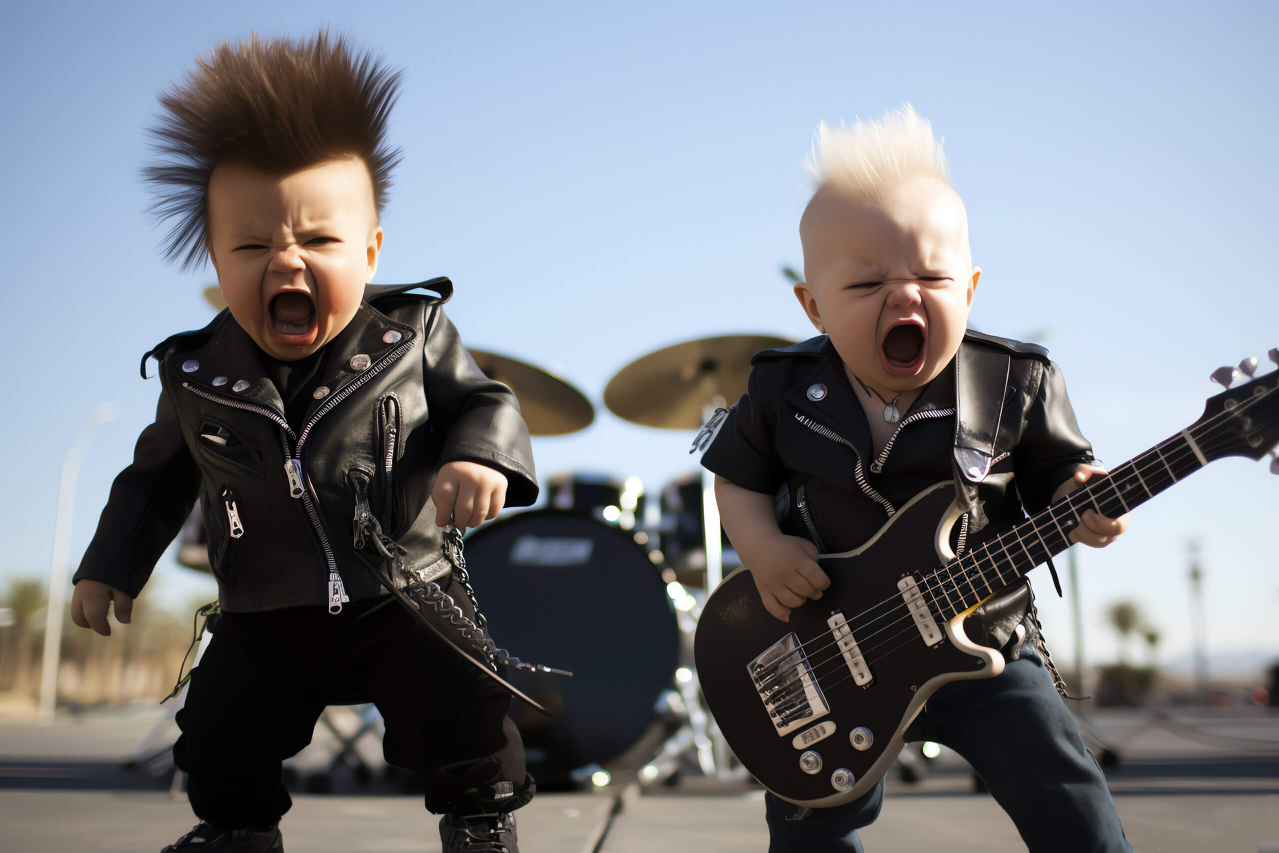 Babies performing in a band screaming with heavy metal music