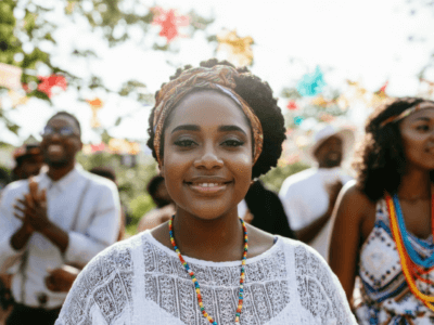 A black woman in the Black Wall Street Festival with the people in the event having fun and enjoying the event