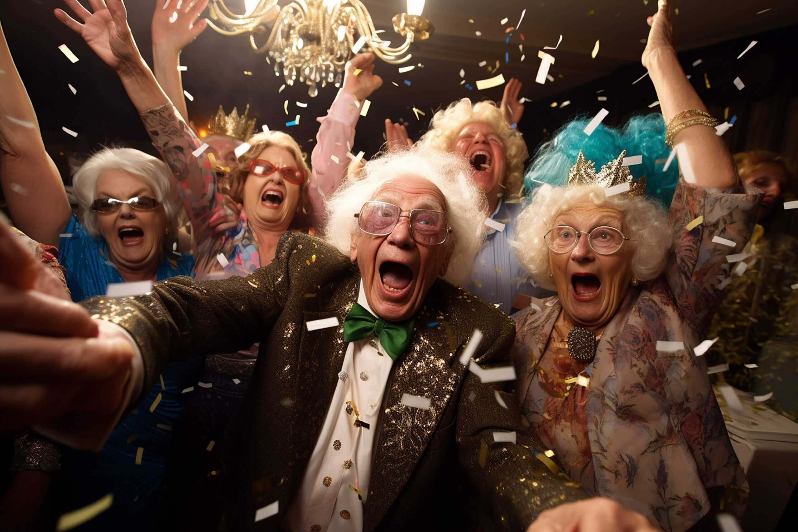 Funny seniors having party on special event. Elderly people celebrating life concept.