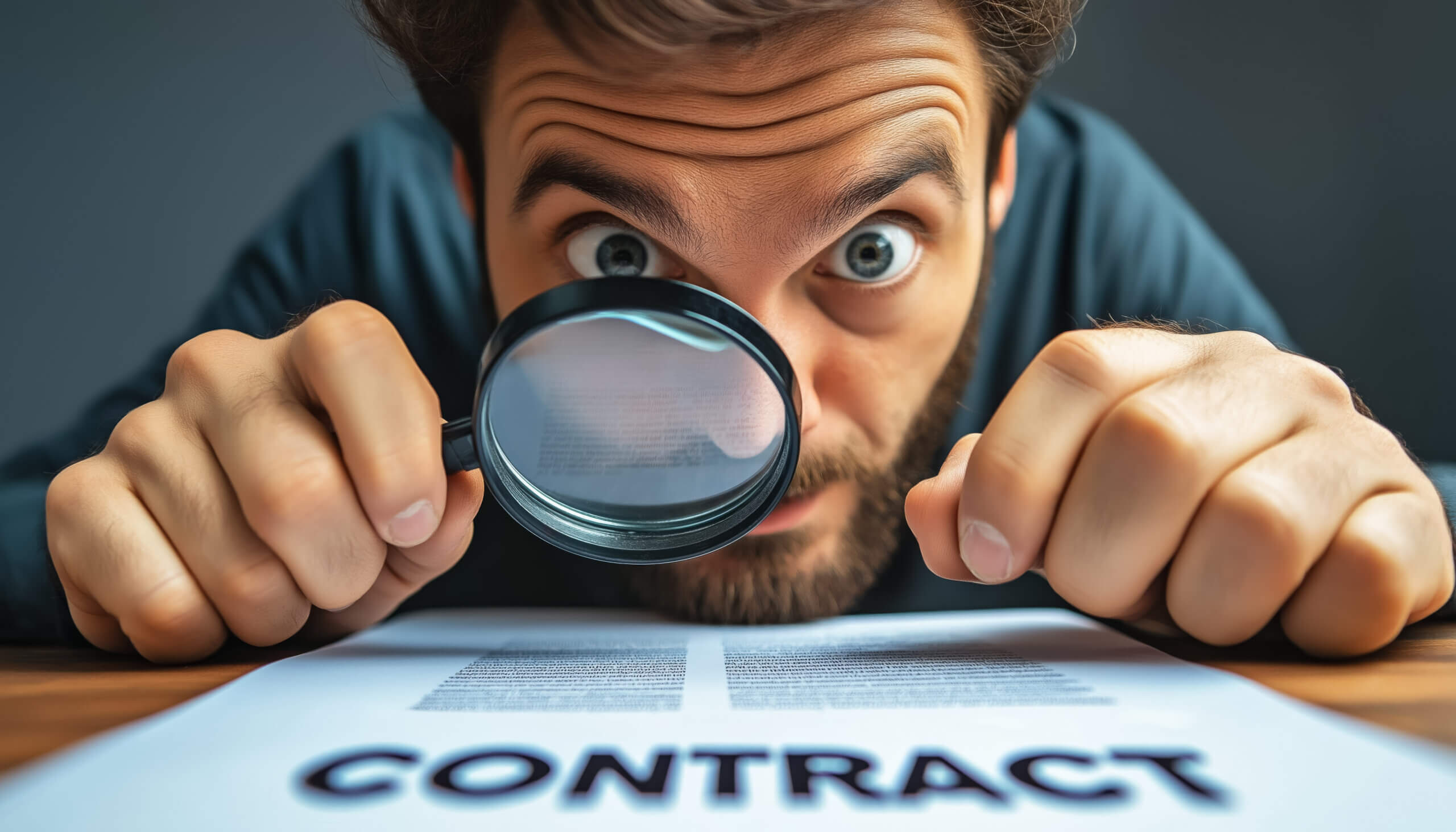 Man reading contract small print conditions with magnifying glass loupe. Funny wide angle detail. Generative AI