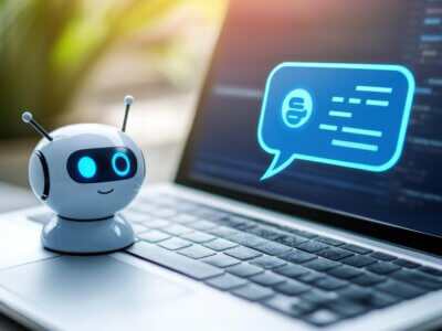 A robot with a laptop that is creating risk management for small businesses