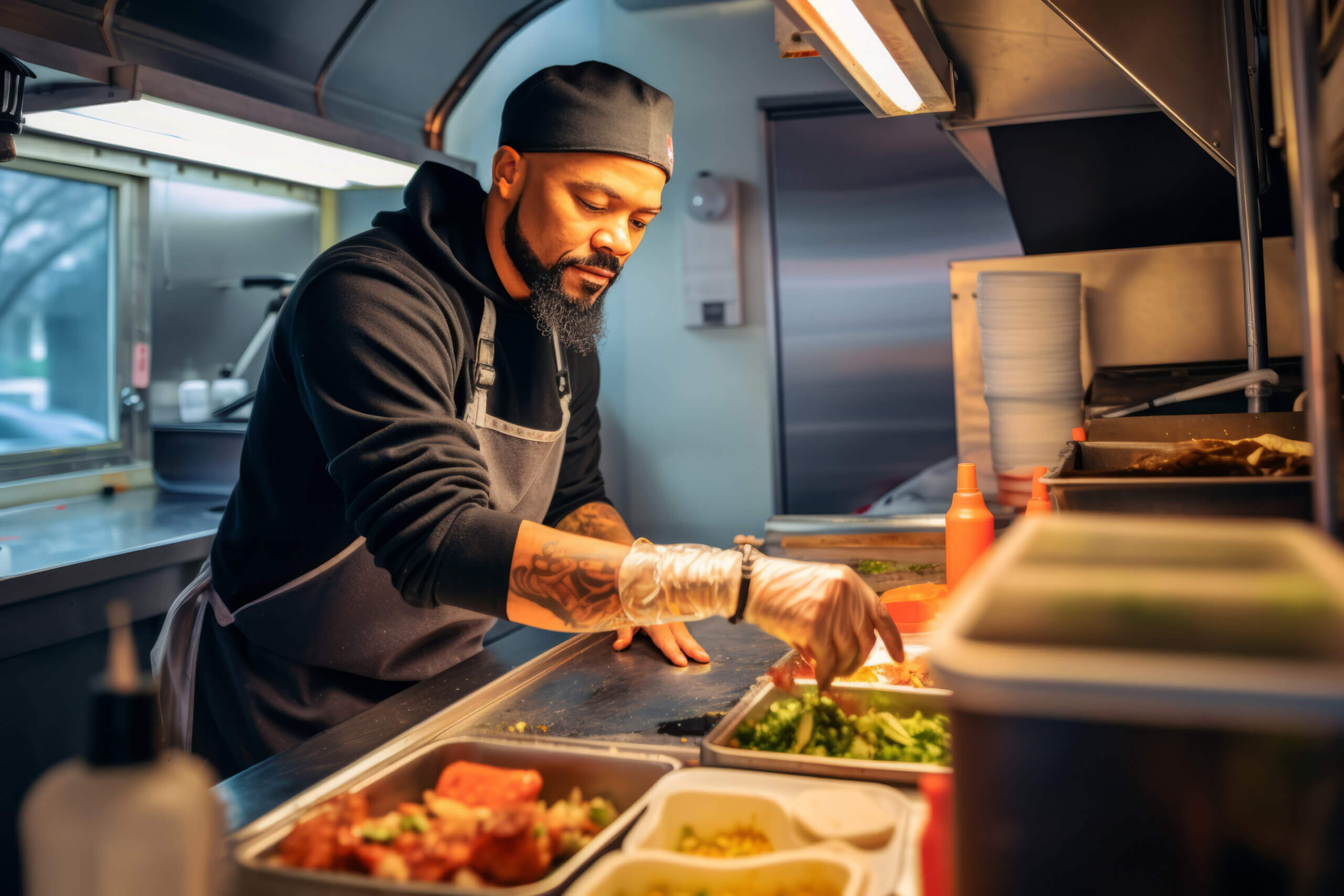 Food truck server inside the truck that prepares food to customer