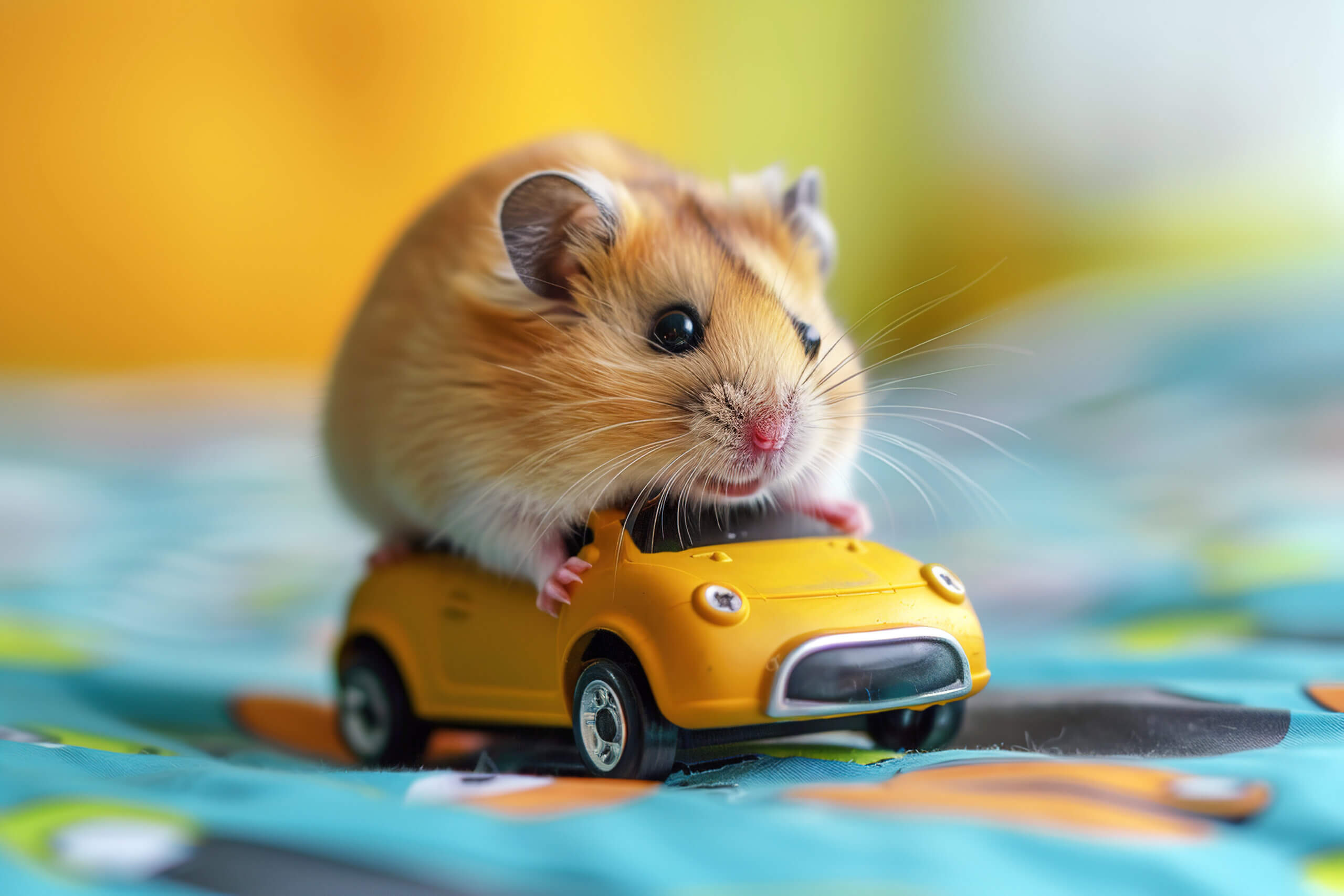a hamster driving a toy car and promoting to insurance shopping online