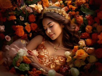 Sleeping beauty sleeping in the flowers waiting to wake up and buy insurance online