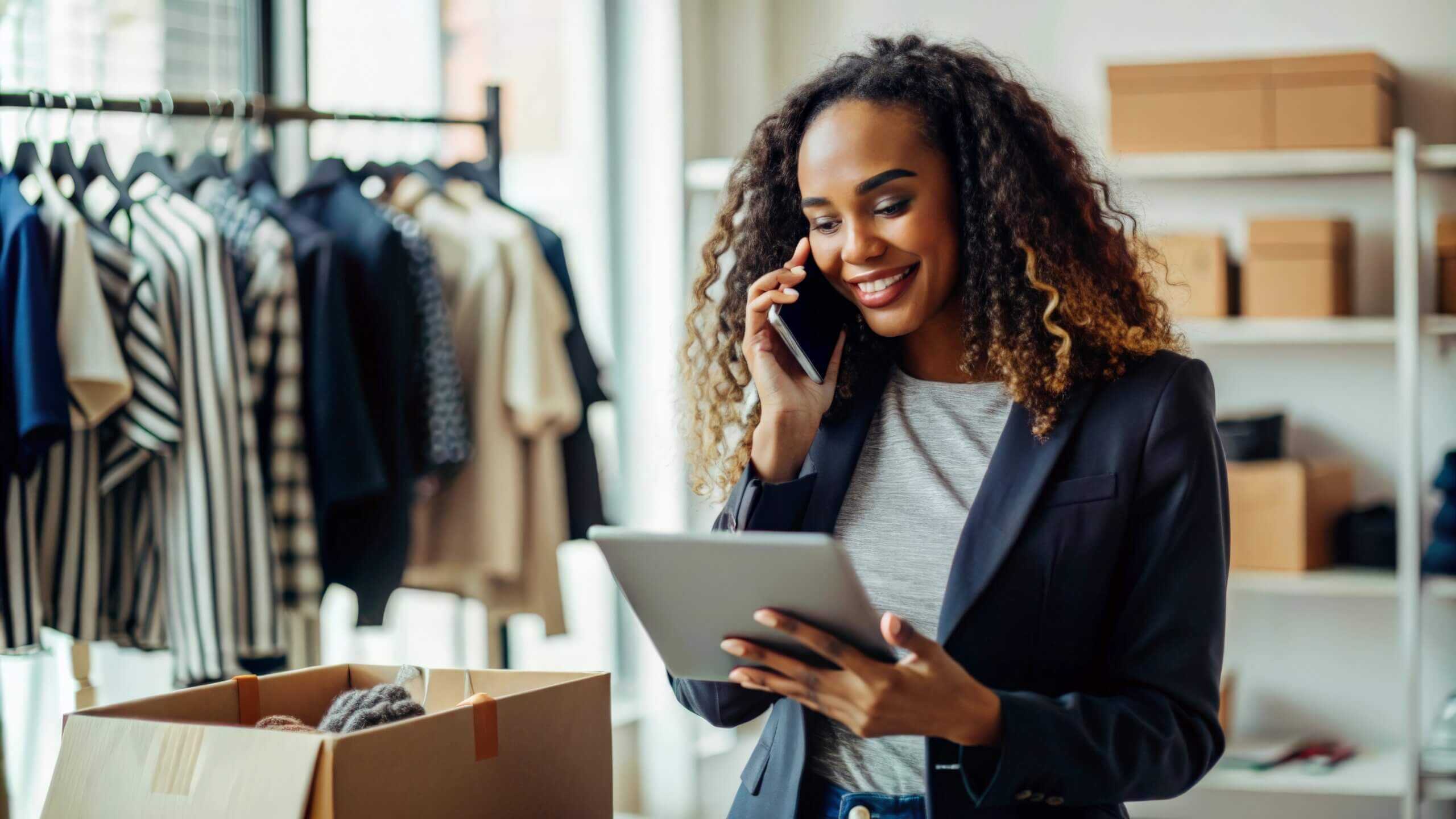 A business woman on her tablet looking for the best small business insurance Connecticut