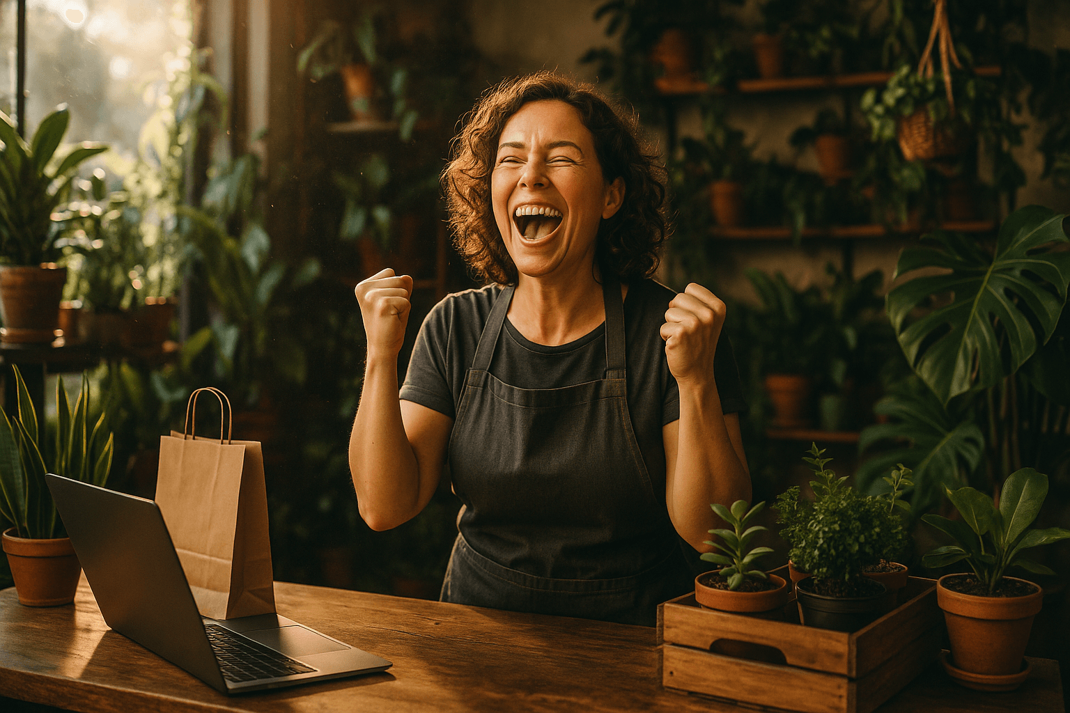 A business woman very happy for having the best small business insurance