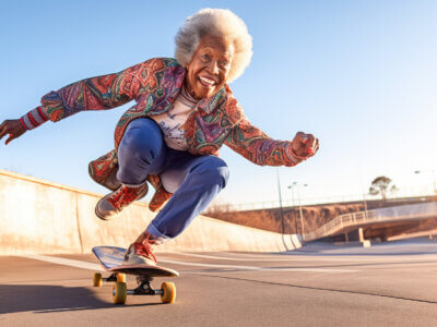 A grandma with skateboard with insurance