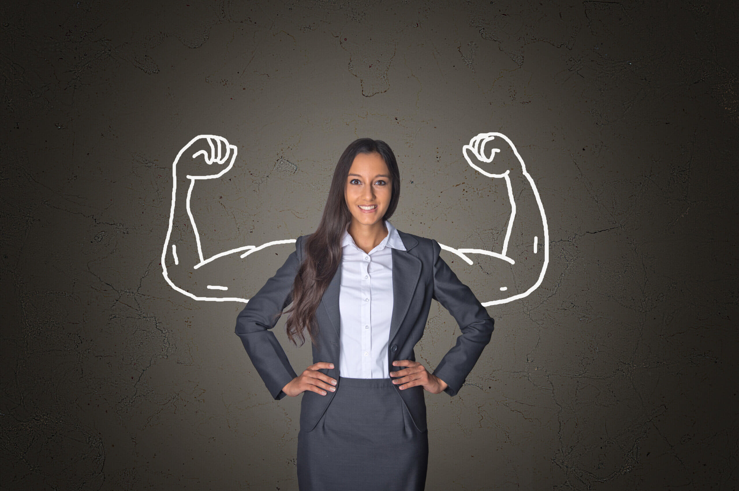 Conceptual Smiling Young Businesswoman Standing in Front Gray Gradient Background with Arm Muscles Drawing, Emphasizing Power with insurance