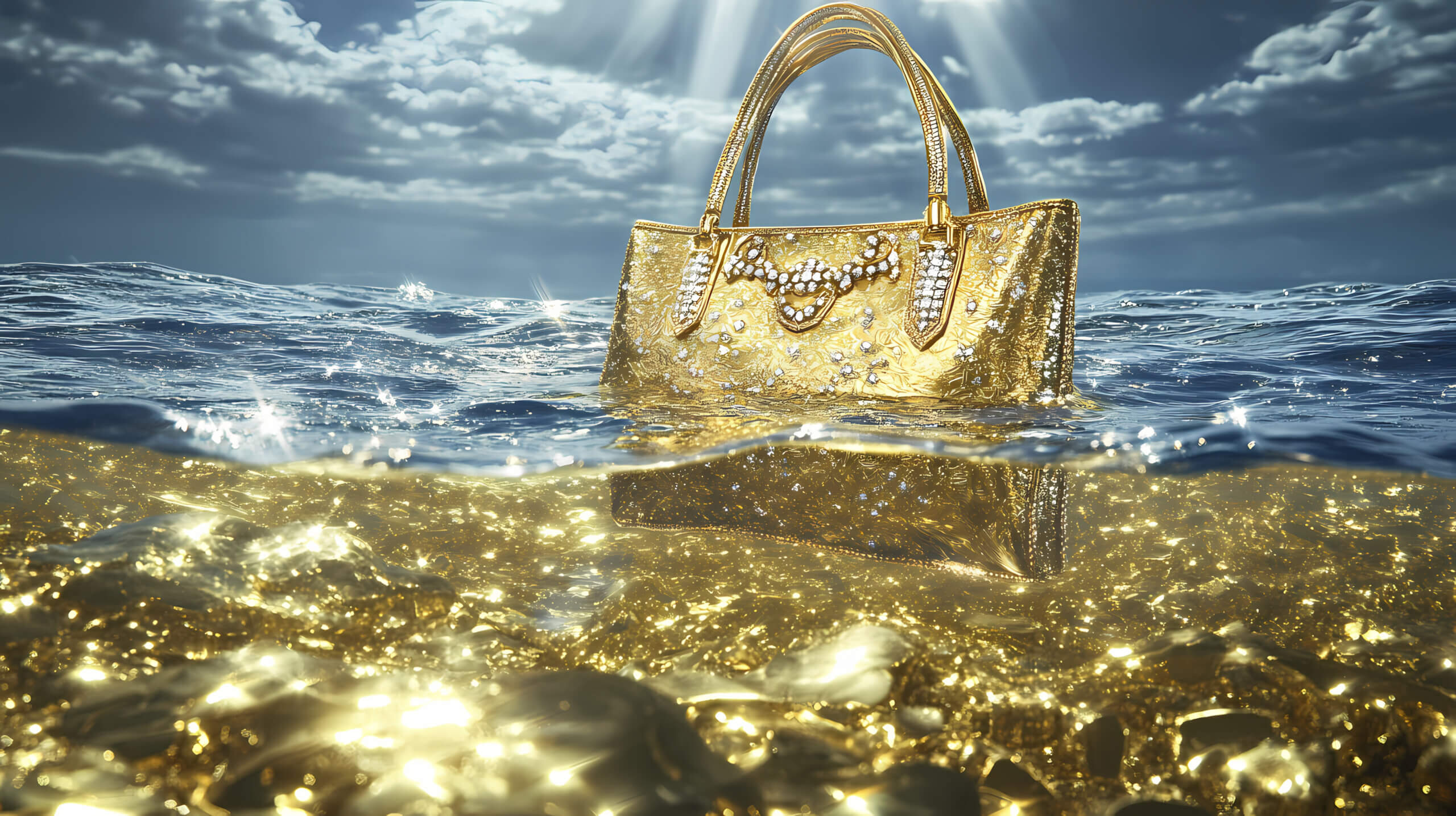A designer bag floating above a shimmering pool of gold and jewels with inland marine insurance