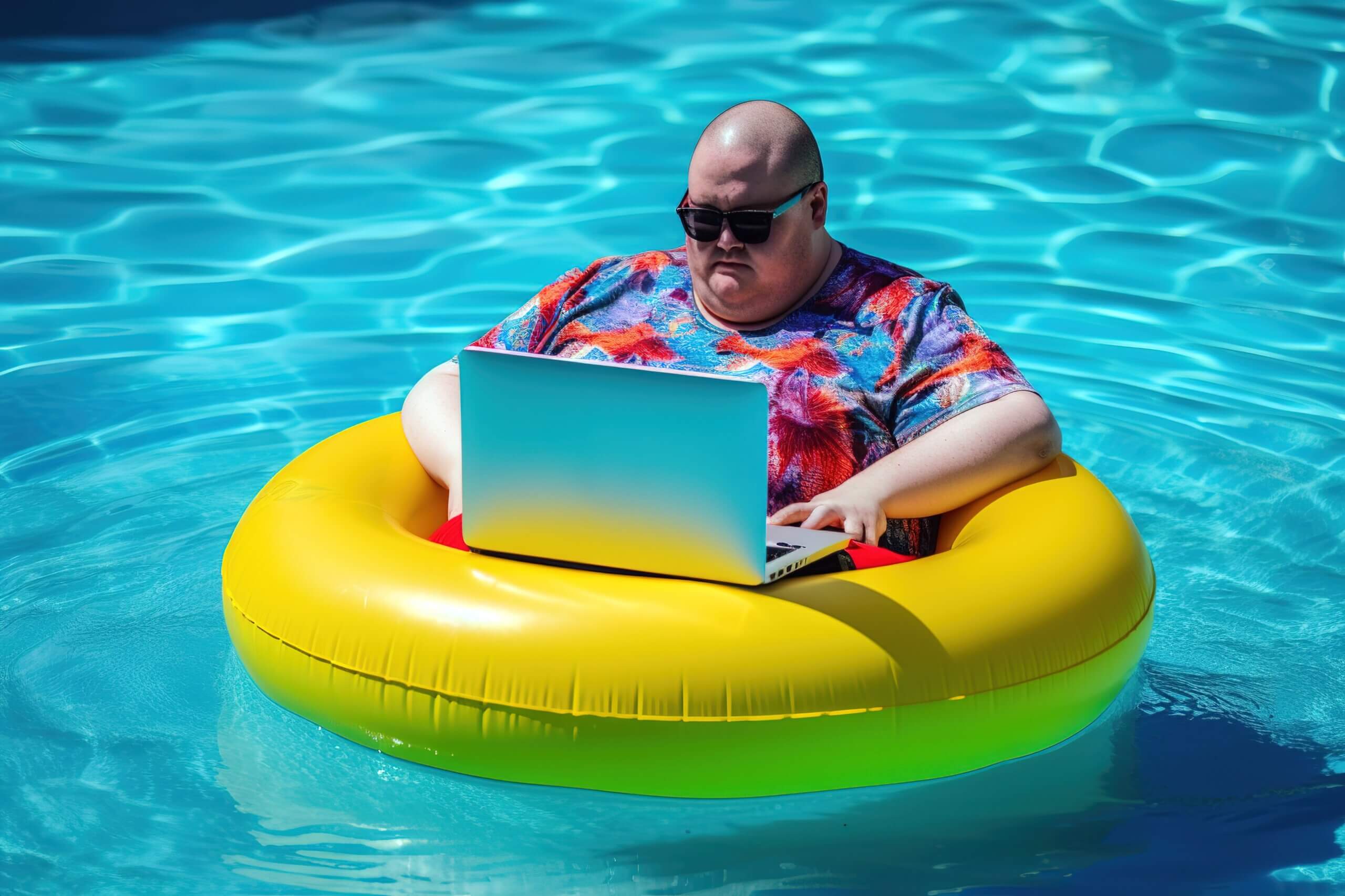 A man enjoying summer in swimming pool in floater with laptop.