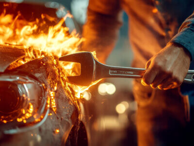 A mechanic holding a wrench in a flaming car, caring with Commercial Auto Insurance