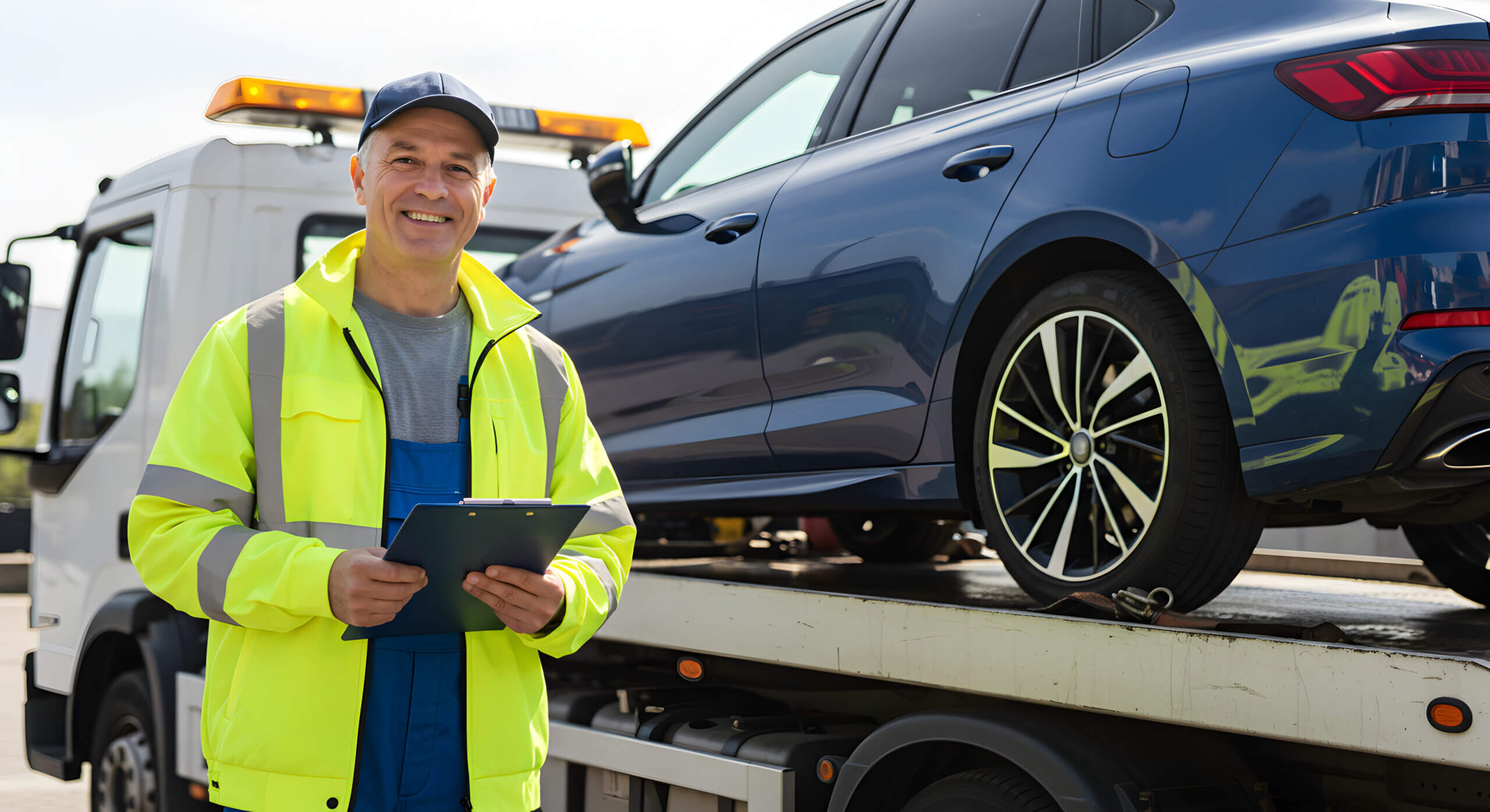 Smiling Tow Truck Operator in Reflective Vest Posing with Blue Car on Towing Truck Bed Under Bright Sunlight with Commercial Auto Insurance