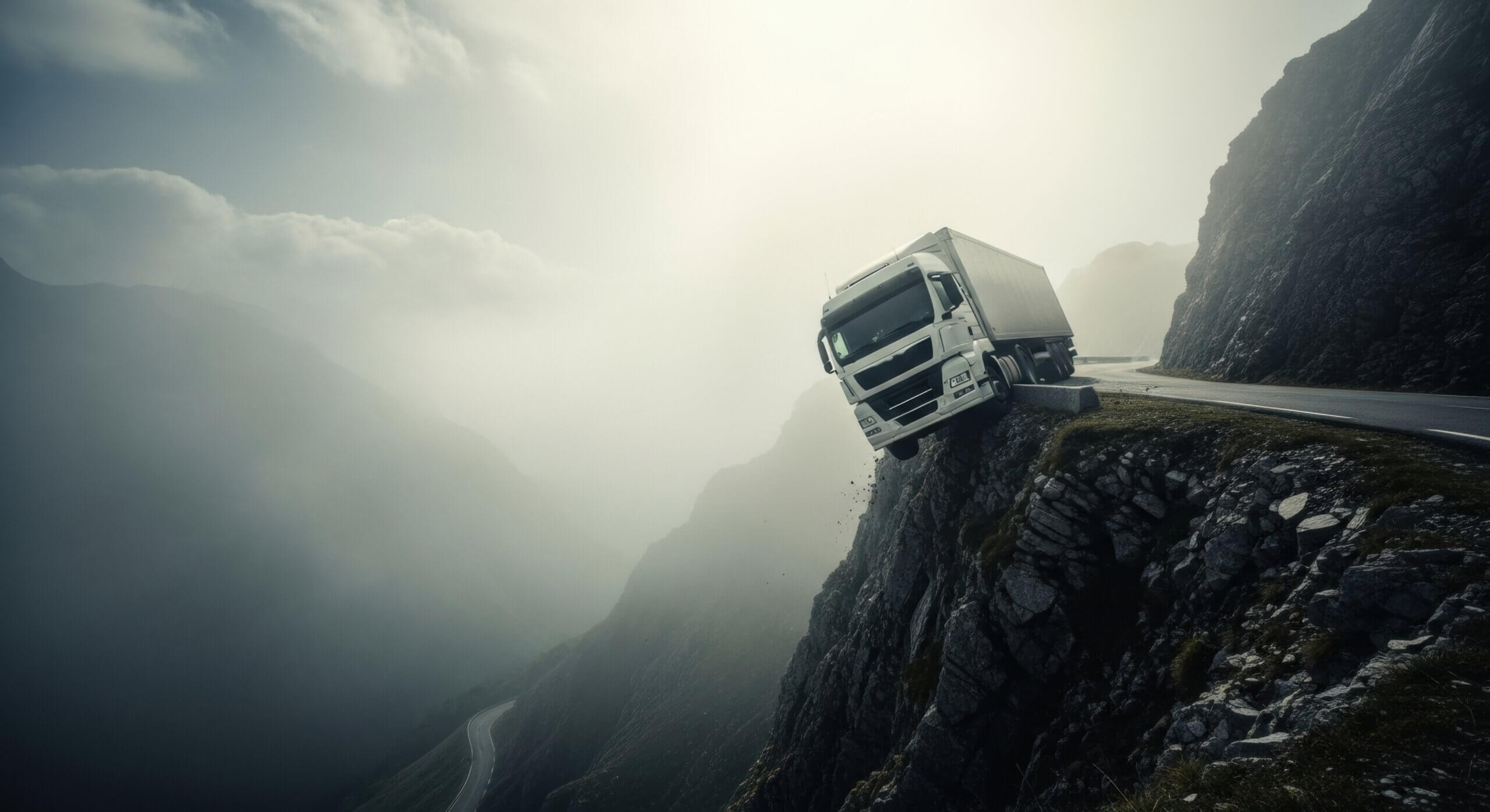 Heavy truck at the edge of a cliff. Freight transport accident on a dangerous mountain road. Concept of risk and challenge in logistics for Commercial Auto Insurance