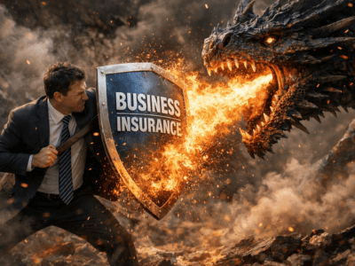 Business owner fighting a dragon using a business insurance shield