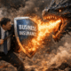 Business owner fighting a dragon using a business insurance shield