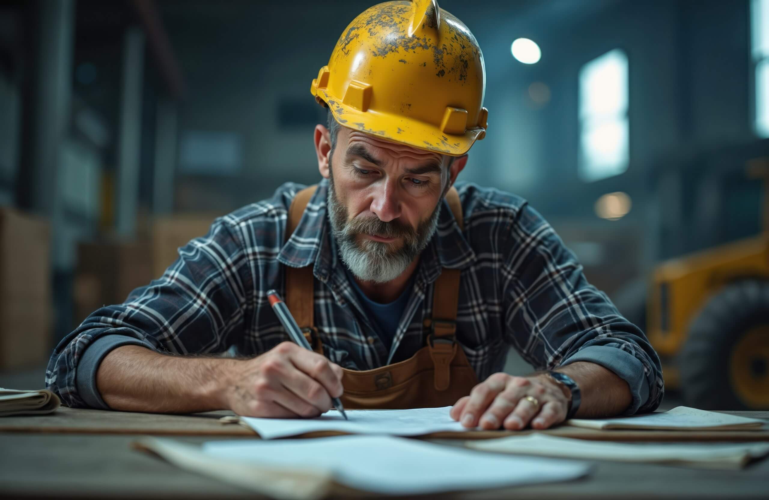 Mature builder in hard hat signs insurance document at construction site desk. Bearded worker reviews project plan, signs compensation form. Man writing on paper at warehouse for workers' compensation insurance
