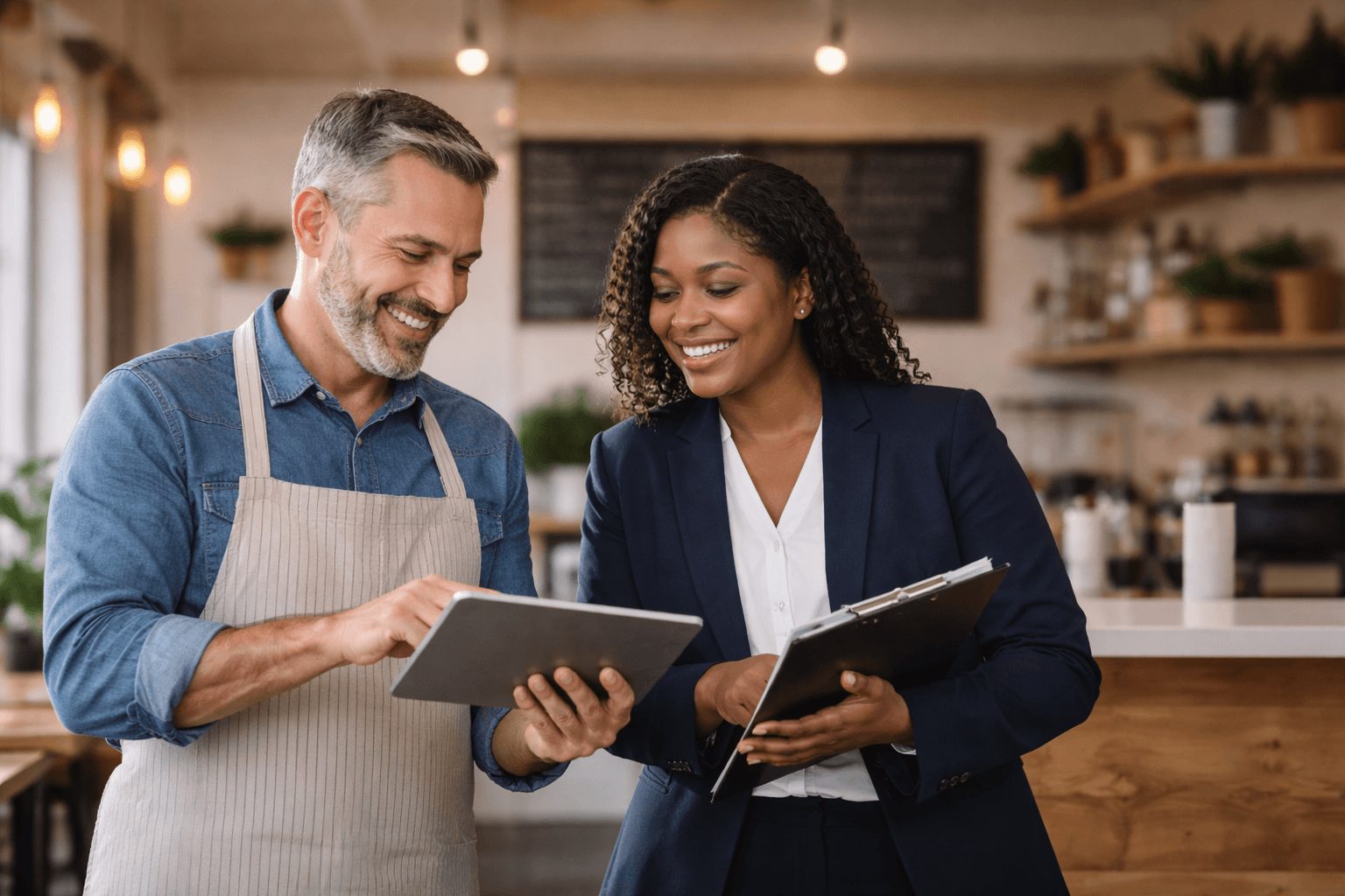 A small business owner having a meeting with a insurance agent offering small business group health insurance
