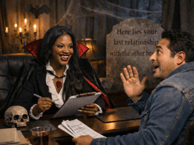 A vampire insurance broker interviewing a potential customer