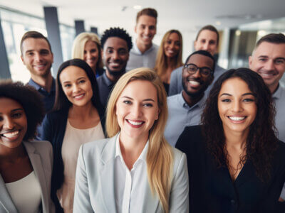 Diverse group of employees project team standing together in modern business building - group selfi portrait of cheerful and joyful young and senior employees colleagues